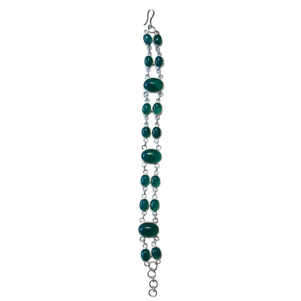 Double Strand Green Stone Silver Tone Bracelet